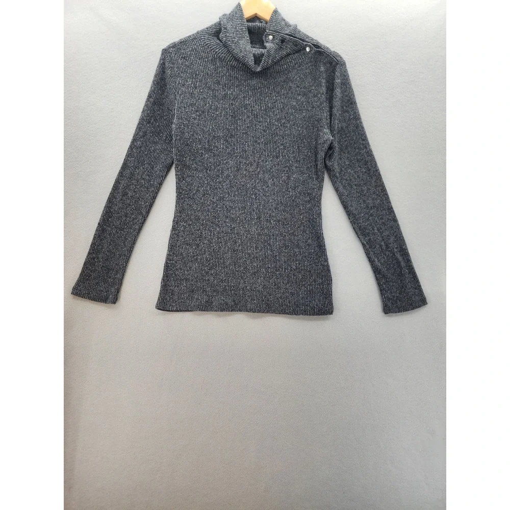 Maison Jules‎ Gray Ribbed Funnel Neck Snap Button Sweater Women Med Long Sleeve